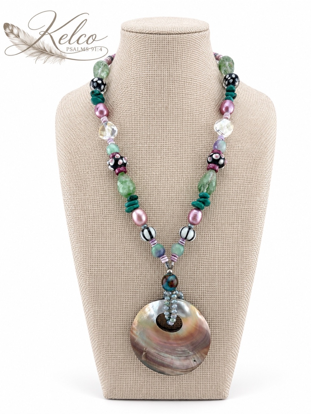 Multi Stone, Pearl, and Glass areBeaded Necklace with Shell Pendant